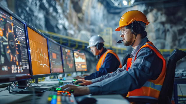 Mining engineers in an industrial setting collaborate in a control room, analyzing data on screens for safe mining activities using advanced technology
