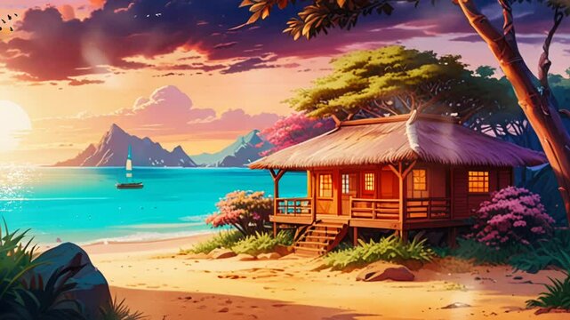 wooden house with thatched roof in asian style with beach background in anime style, in smooth looping background with 4K vidio animation.