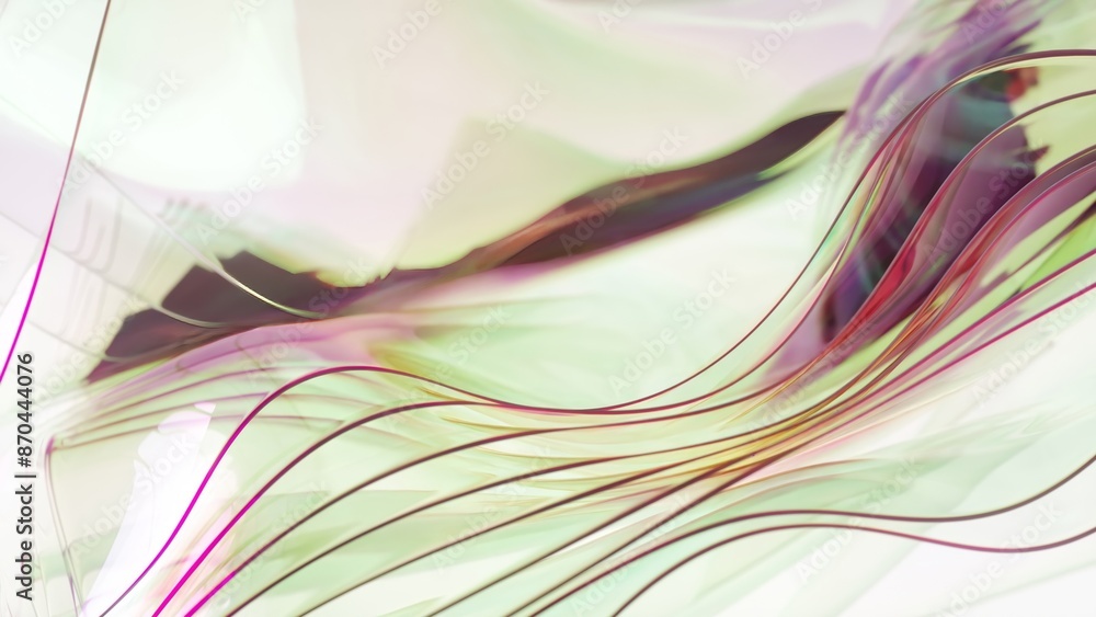 Poster artistic 3d animation of flowing, translucent shapes in green and pink hues. the delicate, fluid mot
