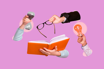 Trend artwork composite photo collage of pink backdrop caricature workspace hands hold book education clock time idea lamp study knowledge