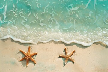 A serene beach scene featuring two starfish resting on the wet sand where gentle waves meet the shore. The clear, shallow turquoise water beautifully contrasts with the smooth, pale sand