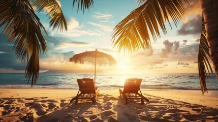 A picturesque beach scene at sunset with two lounge chairs under a beach umbrella, framed by palm trees. The warm sunlight casts long shadows on the soft sand