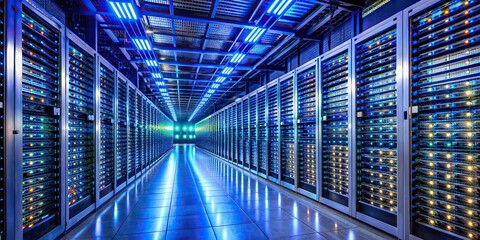 Rows of humming servers and tapes backing up vast amounts of scientific data in a large, brightly lit, and state-of-the-art computing facility underground.