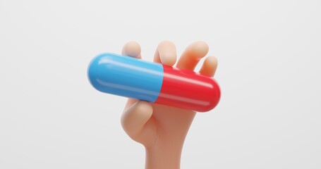 Cartoon human hand holding a red and blue pill on a white background, concept of drug demonstration, vitamin advertising, 3d rendering
