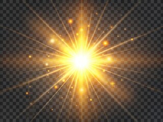 Vibrant transparent glowing sun with stunning lens flare effect, radiant beams and soft glow, isolated on a transparent background, perfect for design elements.