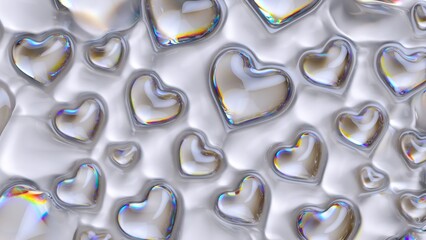 3D animation of iridescent glass hearts inflating and floating on a reflective surface.