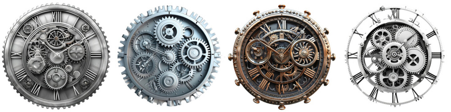 Set of four intricately detailed clockwork gears isolated on white background, Png file