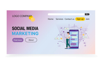 Landing page designed for social media marketing, featuring a man leaning to a large cellphone and using a smartphone. Surrounding him are various social media elements