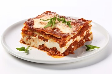 italian lasagna with tomato sauce isolated on white background
