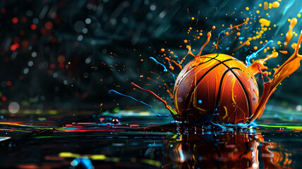 A basketball with colorful splashon a black background