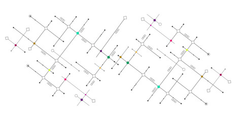 Digital technology White background. Network technology and Connection concept. Circuit connects lines and dots. Decentralized network nodes connections. 