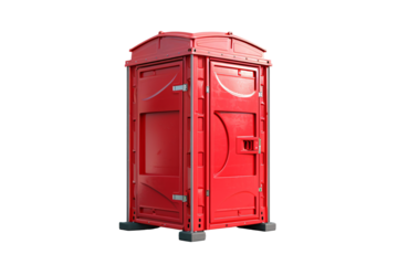 a red portable toilet with a door