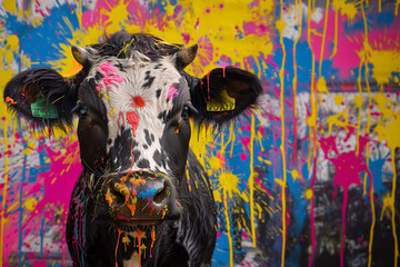 A close up of a cow's face with bright, colorful paint splatters in the background 