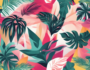 Beautiful seamless floral pattern background with palm tropical leaves and abstract forms. Abstract geometric texture.