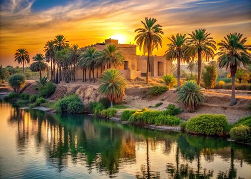 Ancient Mesopotamian temple ruins surrounded by palm trees and lush greenery along the banks of the Tigris river, with a warm sunset casting a golden glow.
