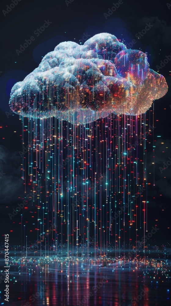 Poster a pixelated cloud dissolving into a rain of data, representing the ephemeral nature of cloud storage