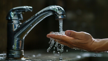 Hand collecting water from a running faucet.