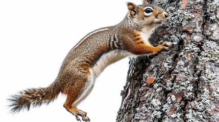 Obraz premium Squirrel jumping from a tree trunk isolated on white background