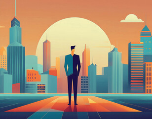 illustration of man in business suit, head pointing to his left, standing waiting against a city scape of tall buildings at sunset