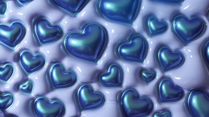 Distorted glossy blue hearts on a shiny background, giving a surreal and abstract feel.