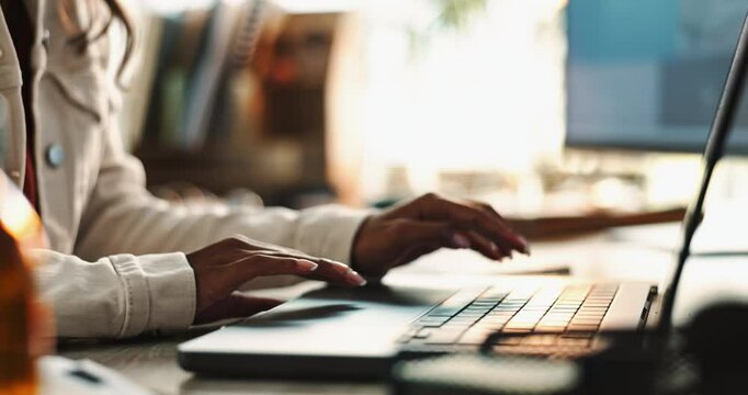 Girl, hands and typing on laptop in home office for planning, writing email and report for creative content or work. Woman, online and drafting or copywriting for information sharing and blog post.