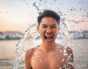 Obraz premium Man Having Fun Splashing Water at the Beach on a Sunny Summer Day
