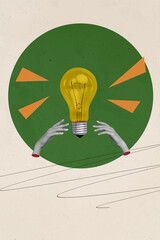 Trend artwork composite collage of caricature workspace bodyless hand hold levitate lamp idea smart...