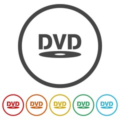 DVD logo icon. Set icons in color circle buttons
