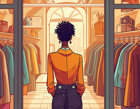 illustration of tall, thin African American woman with affro style hair looking through the window of a boutique clothes shop; view from behind