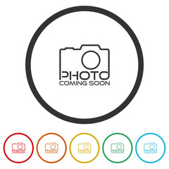  Photo coming soon logo icon. Set icons in color circle buttons