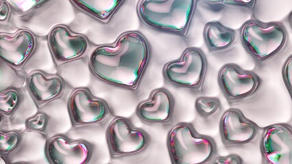 3D animation of clear glass hearts with iridescent reflections inflating and floating on a reflective surface.