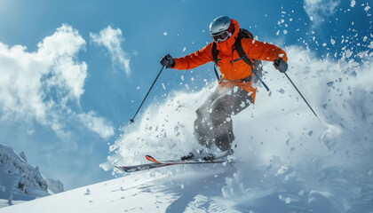 A man in an orange jacket is skiing down a snowcovered slope under the clear sky