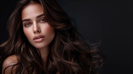 Fototapeta premium A beautiful brunette woman with long flowing hair poses against a dark backdrop in a studio setting. Her captivating gaze and natural beauty shine through