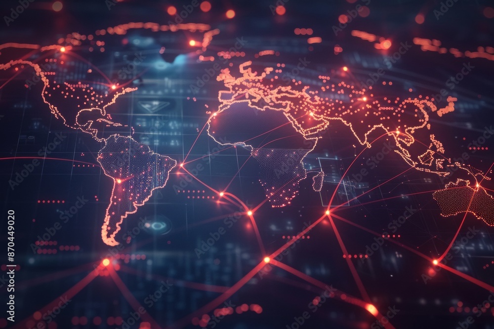 Poster a global map with pulsating beams of light representing major data arteries, converging on cloud hub