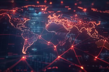 Obraz premium A global map with pulsating beams of light representing major data arteries, converging on cloud hubs