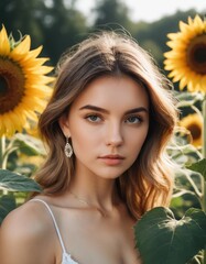 Girl portrait, background Sunflower