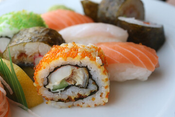 Japanese food. Sushi and maki on plate. United Arab Emirates.