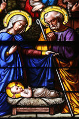 Obraz premium Stained glass window of the Notre-Dame basilica in Geneva. Nativity. Switzerland.