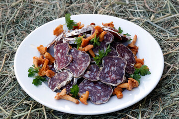 Meals on the farm.  Sausage and salad.