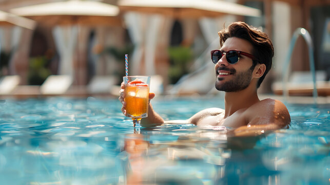  man in sunglasses enjoys a refreshing tropical cocktail while relaxing in a pool. Luxurious resort setting with lounge chairs and umbrellas in the background - Powered by Adobe