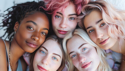 Obraz premium A group of young women are joyfully posing together for a photo, smiling and looking happy