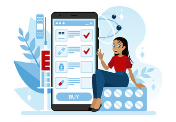 A smartphone app. Purchase medicines at a pharmacy using your phone. The girl makes purchases of medicines in an online store