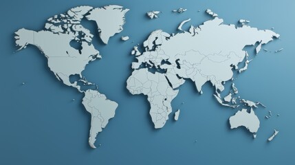 Minimalistic 3d world map on soft blue gradient backdrop, featuring simplified earth representation