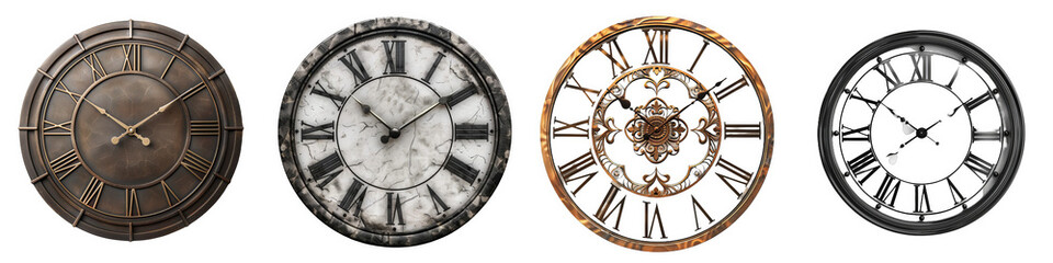 Set of Four Vintage Clocks Isolated on White Background, Png file