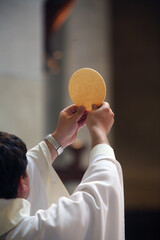 Eucharistic liturgy. Elevation. Back view with priest.  France.