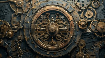 Naklejka premium An intricate, clockwork-inspired lock mechanism, interlocking gears and coded symbols representing the complexities of encryption, photorealistic
