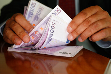 Bundles of euros. Economy, finance and banking system.