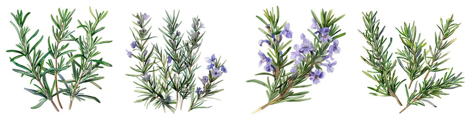 Fototapeta premium Watercolor Rosemary Sprigs with Flowers Isolated on White Background, PNG File