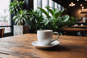 White Tea Cup on a Wooden Table in Blurred an Urban Cafe with Indoor Plants