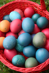 Colorful easter eggs in a basket.  France.